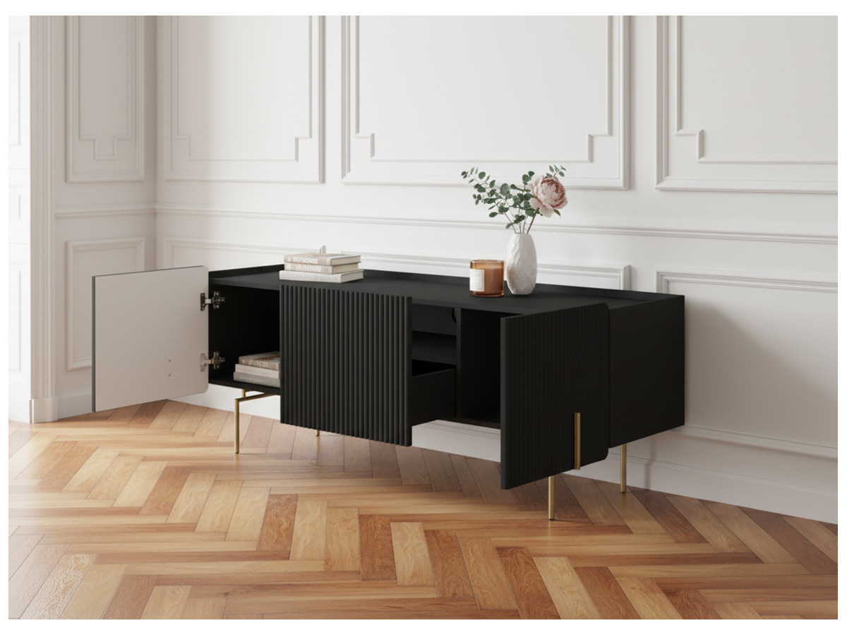 Meuble TV 2 portes 1 tiroir 150 cm MATHILDE pieds or — vue 6