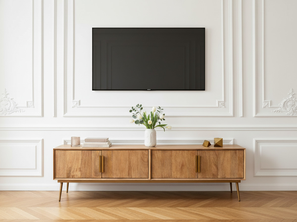 Meuble TV 4 portes 180 cm BRUGES bois massif de manguier