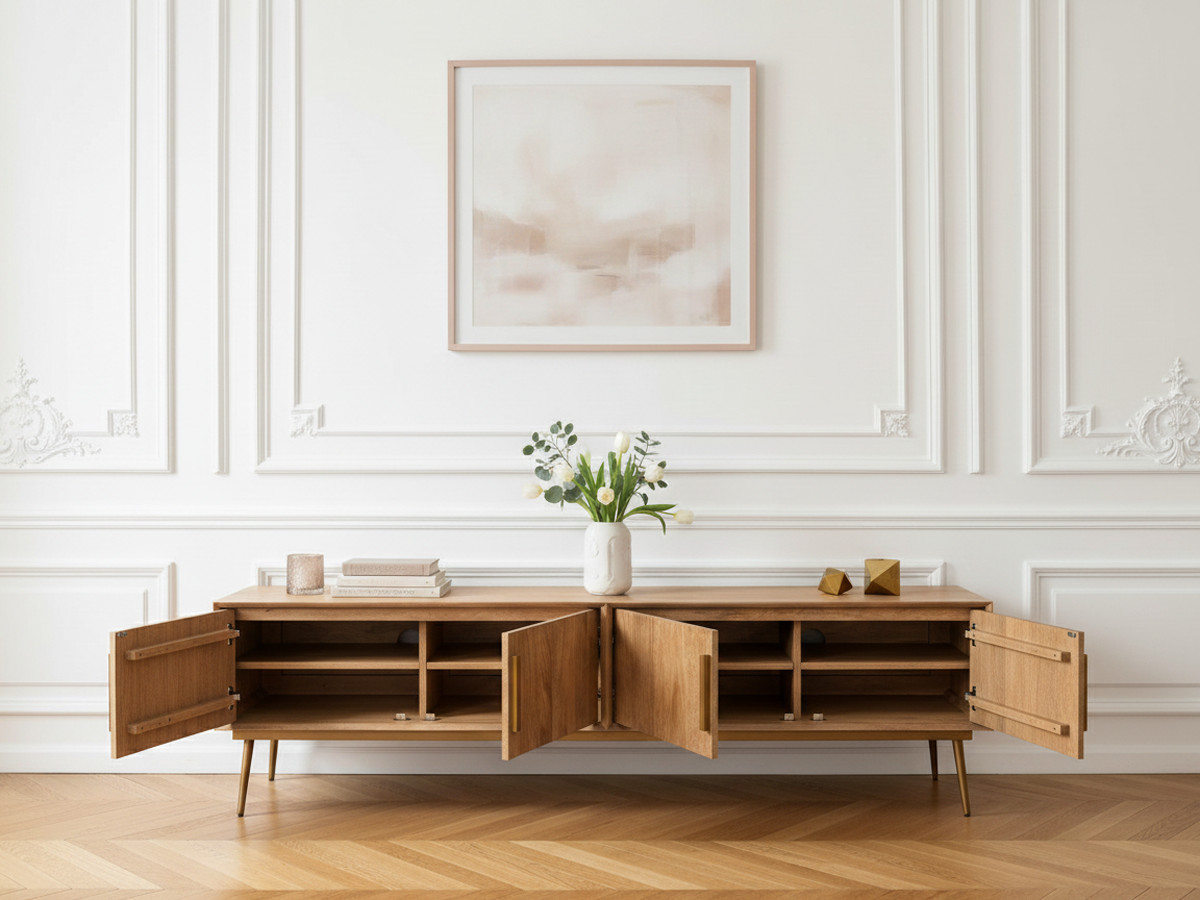 Meuble TV 4 portes 180 cm BRUGES bois massif de manguier