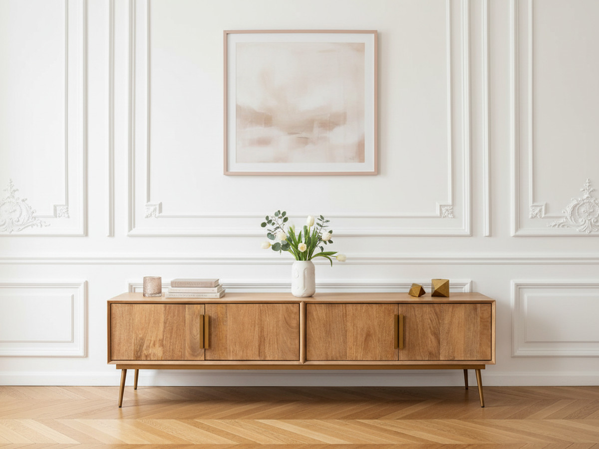 Meuble TV 4 portes 180 cm BRUGES bois massif de manguier