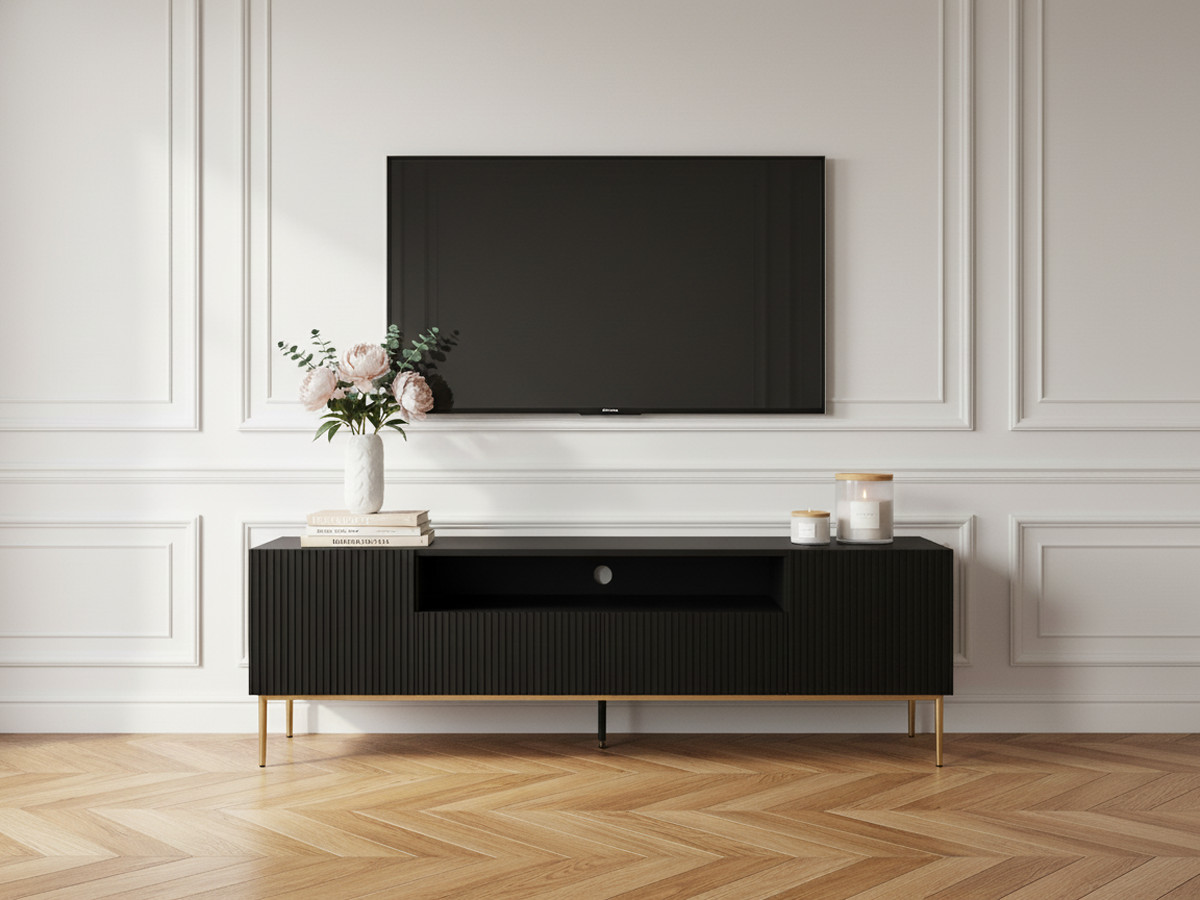 KASSIA 200 cm TV-meubel met nis, gouden metalen poten