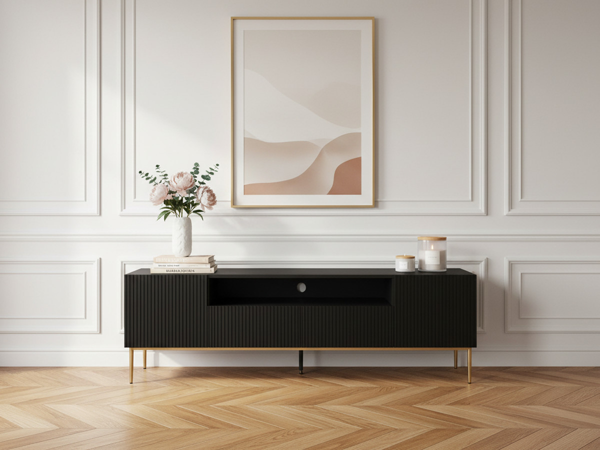 Meuble TV 2 portes 200 cm KASSIA pieds métal or