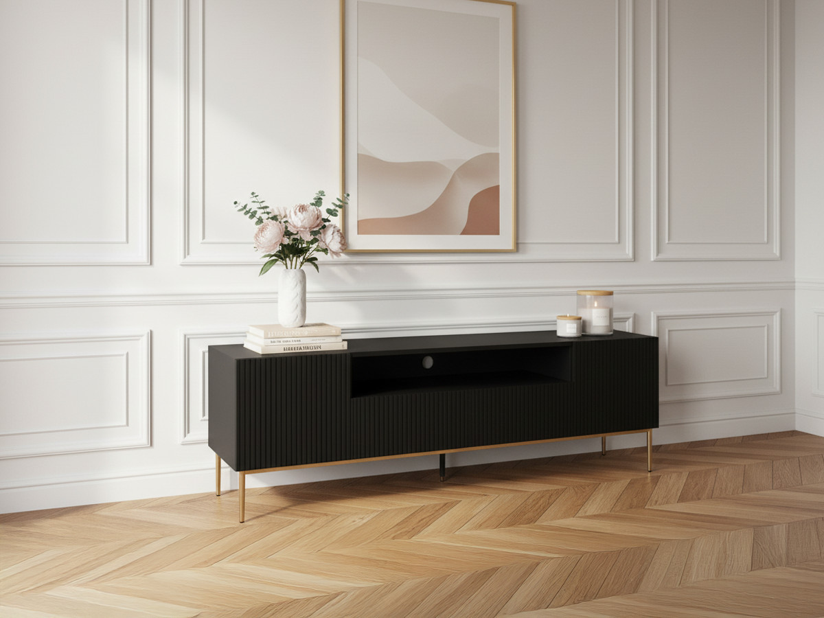 KASSIA 200 cm TV-meubel met nis, gouden metalen poten