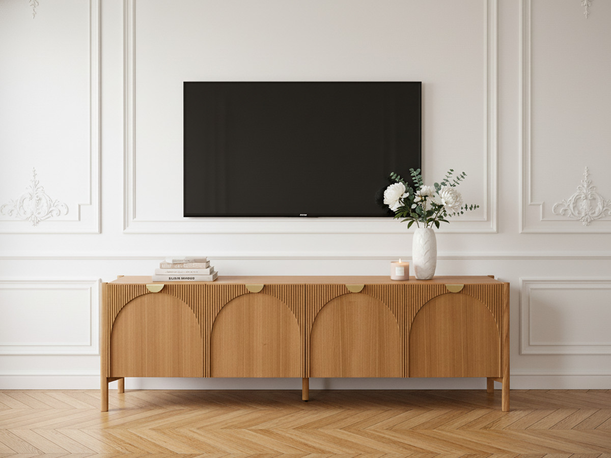 LOLA 178 cm 4-deurs tv-meubel met afgerond patroon en massief essenfineer