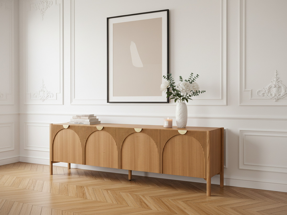 Meuble TV 4 portes 178 cm LOLA motif arrondi et placage frêne massif — vue 6