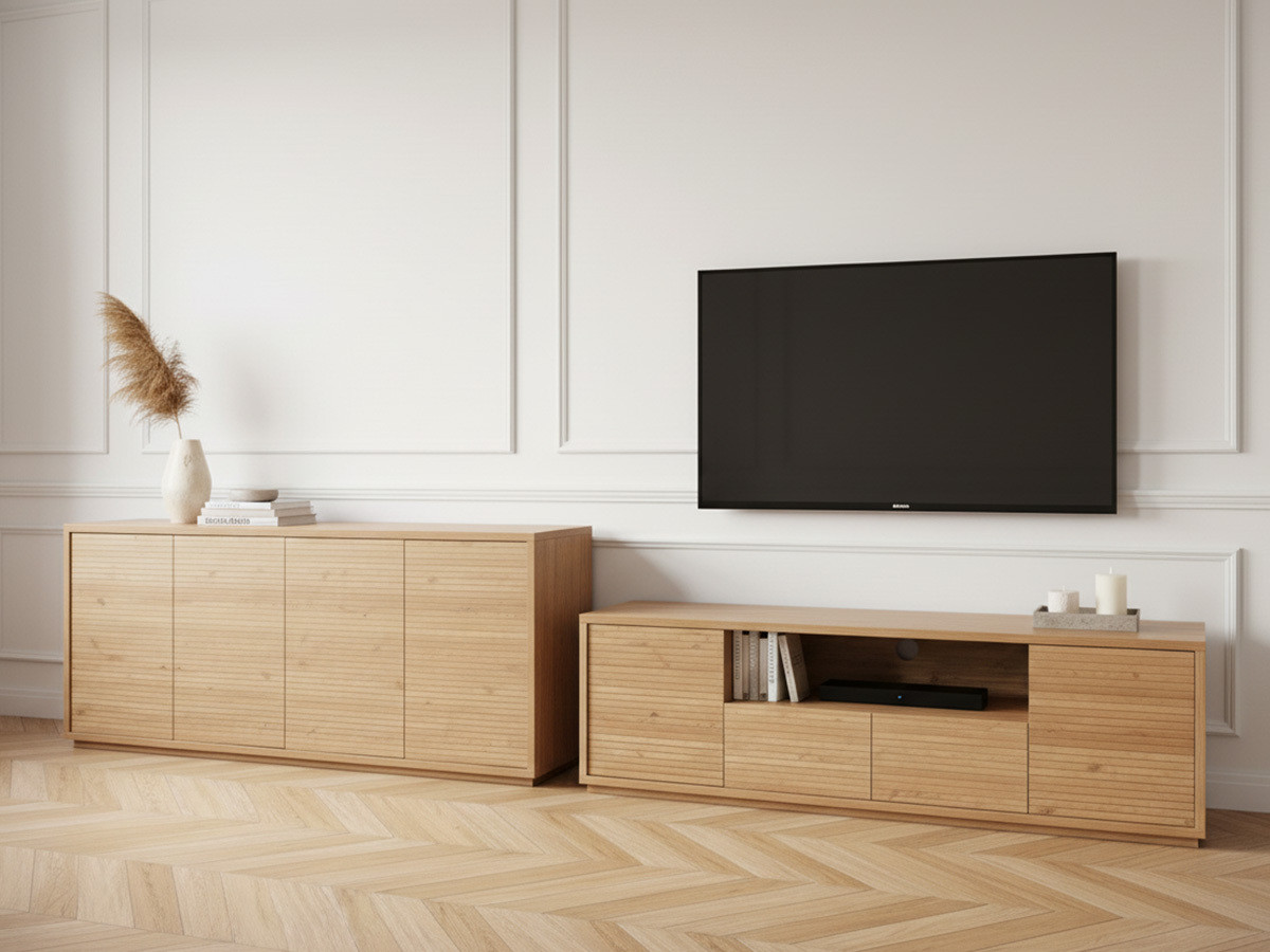 Ensemble FERRET avec buffet 180 cm + meuble TV 180 cm effet tasseaux de bois