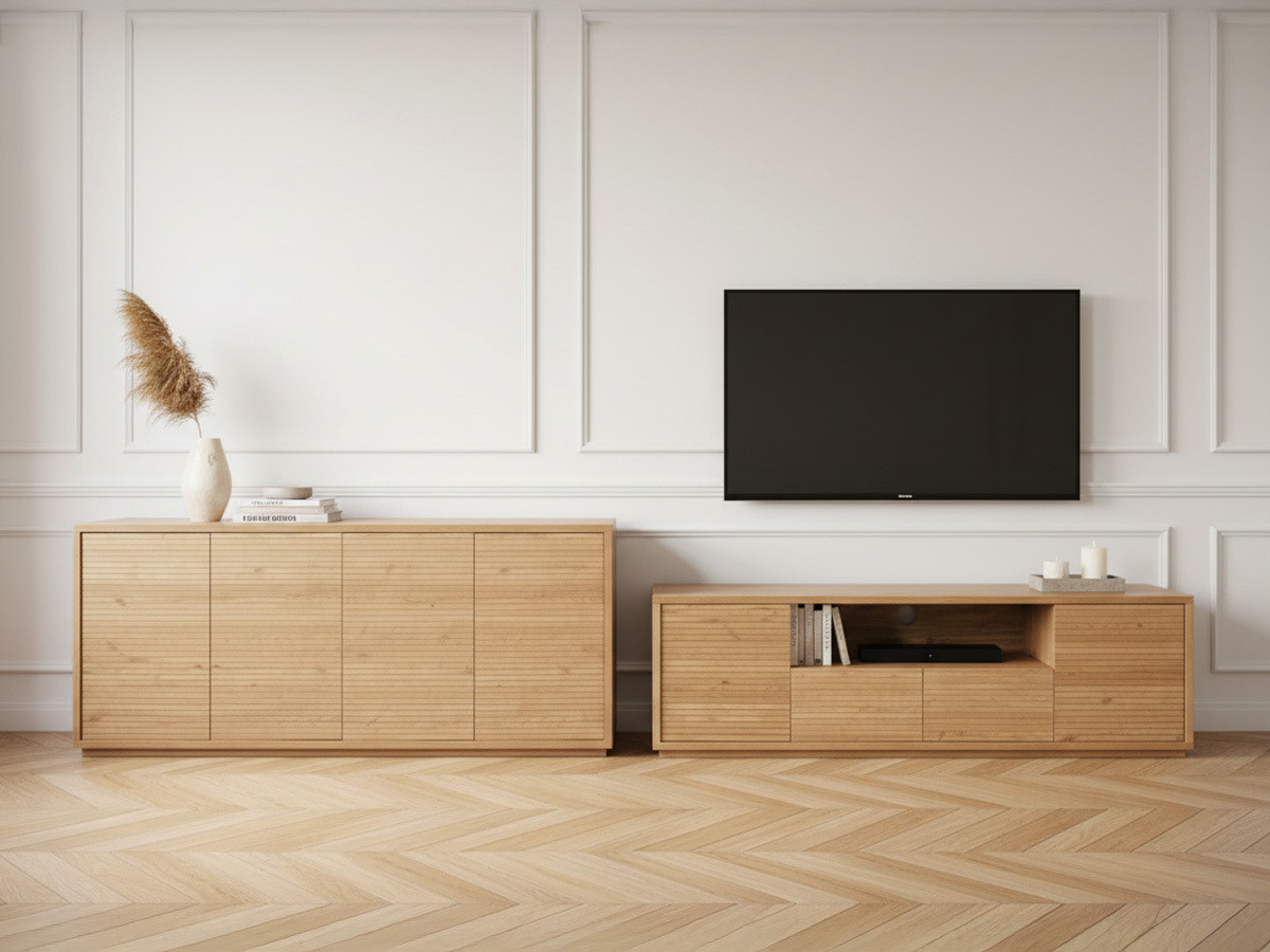 Ensemble FERRET avec buffet 180 cm + meuble TV 180 cm effet tasseaux de bois