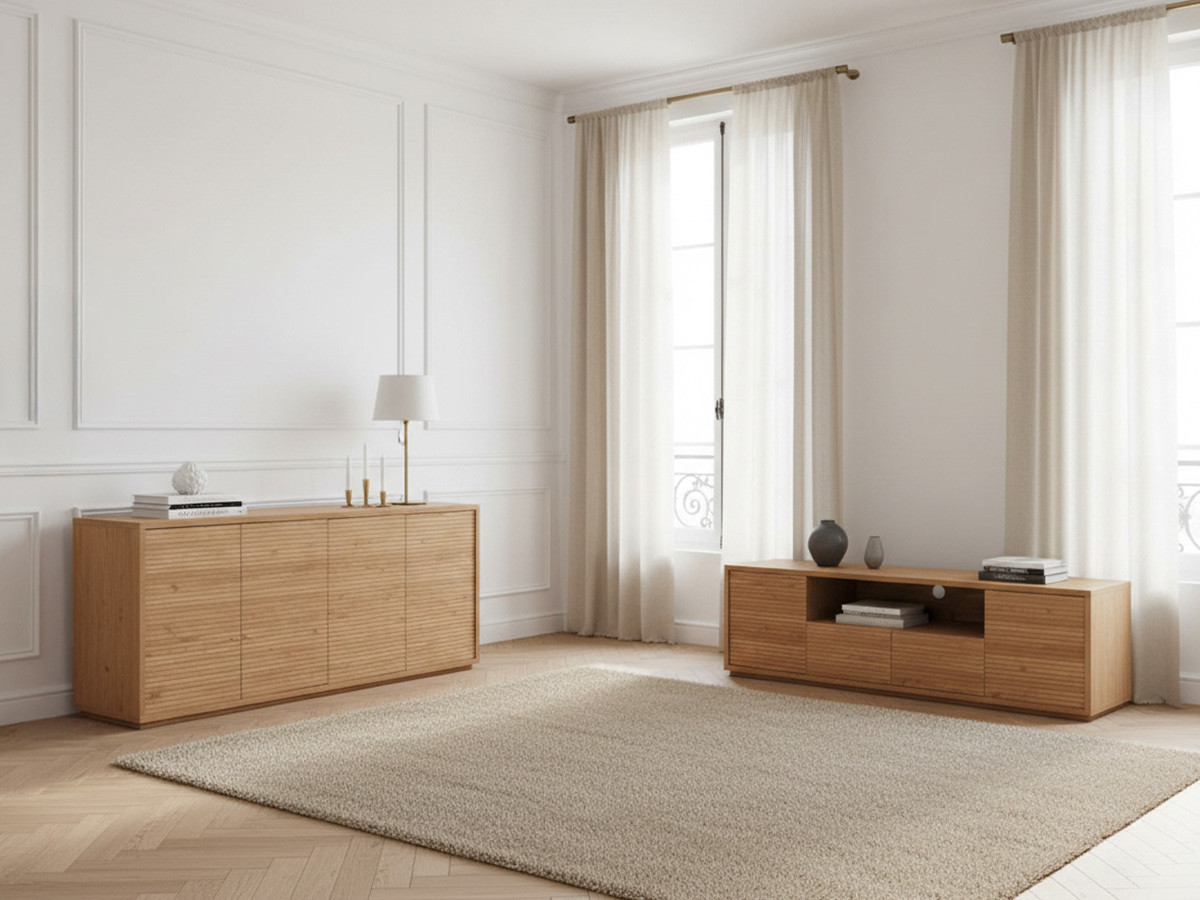 Ensemble FERRET avec buffet 180 cm + meuble TV 180 cm effet tasseaux de bois