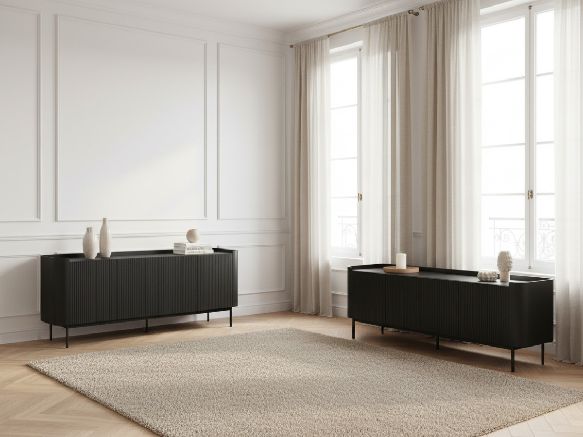 Ensemble JAY avec buffet 200 cm + meuble TV 180 cm effet tasseaux noir — vue 4