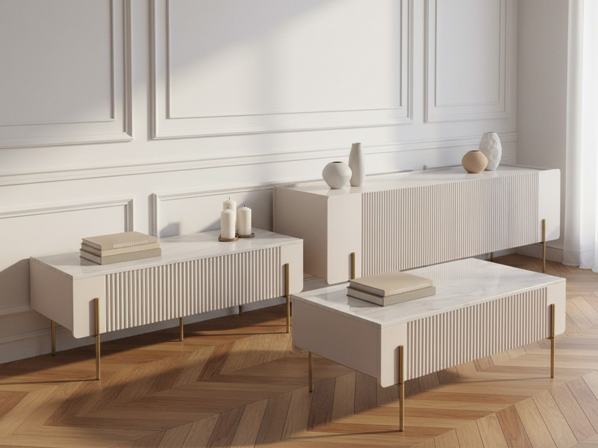 Ensemble MATHILDE avec buffet 200 cm + meuble TV 200 cm + table basse 100 cm plateau effet marbre et pieds or beige — vue 4