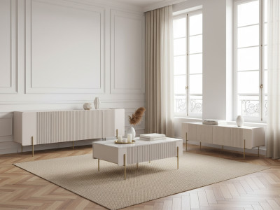 Ensemble MATHILDE avec buffet 200 cm + meuble TV 200 cm + table basse 100 cm plateau effet marbre et pieds or