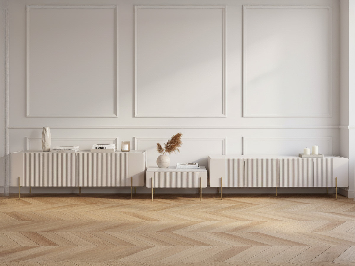 Ensemble MATHILDE avec buffet 200 cm + meuble TV 200 cm + table basse 100 cm plateau effet marbre et pieds or beige — vue 5