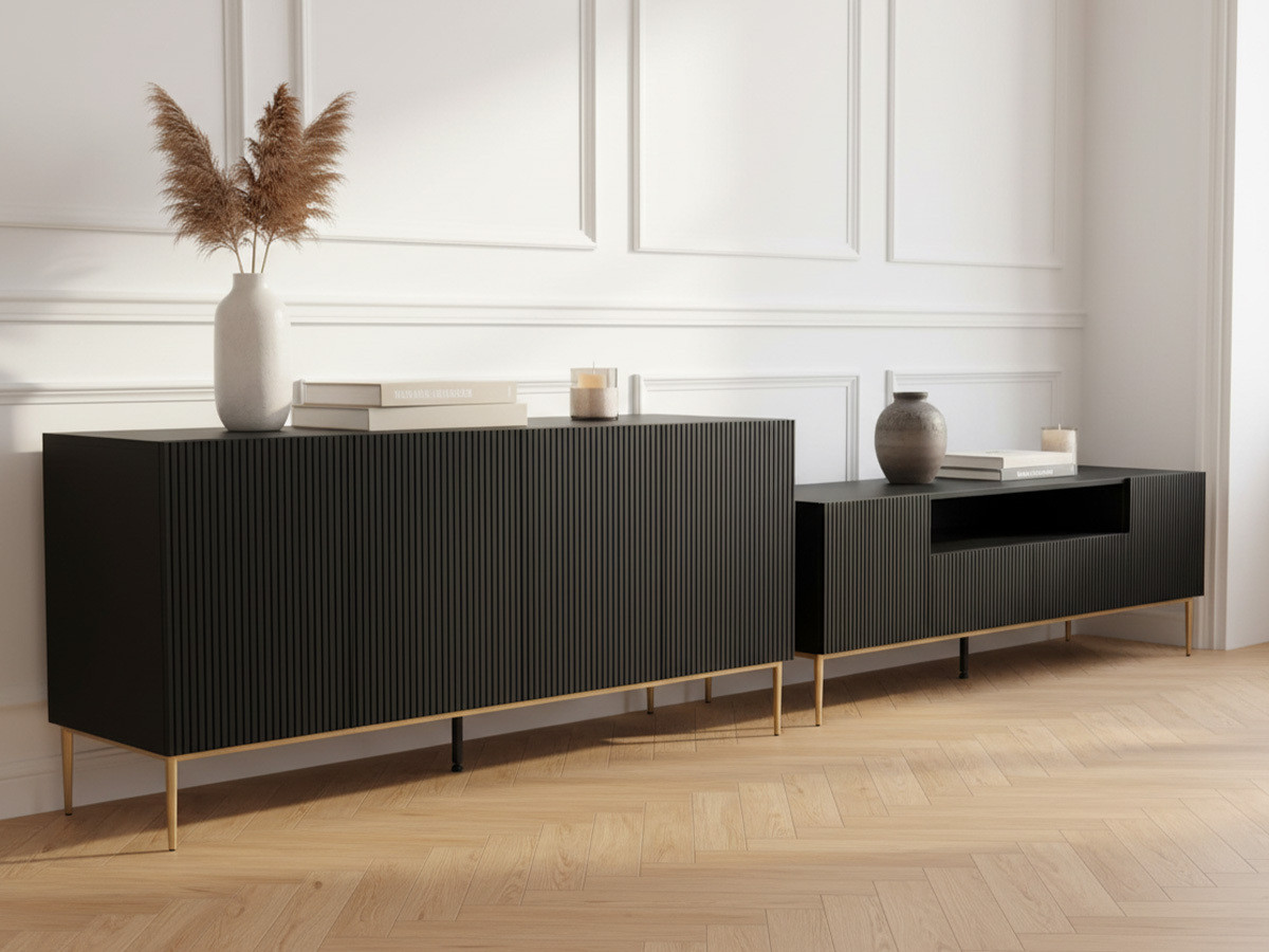 KASSIA set met 200 cm dressoir + 200 cm tv-meubel met nis, gouden metalen poten