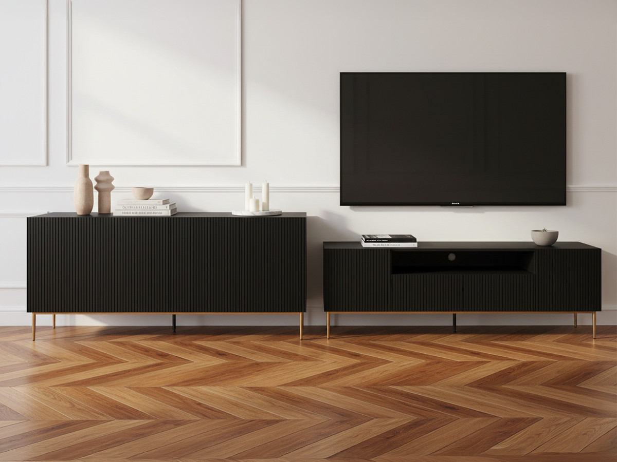 KASSIA set met 200 cm dressoir + 200 cm tv-meubel met nis, gouden metalen poten