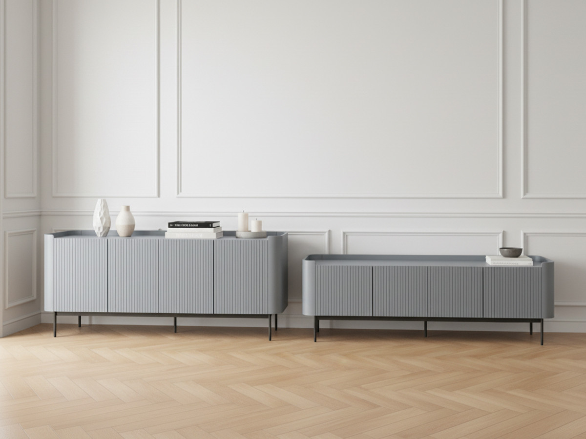 Ensemble JAY avec buffet 200 cm + meuble TV 180 cm effet tasseaux bleu