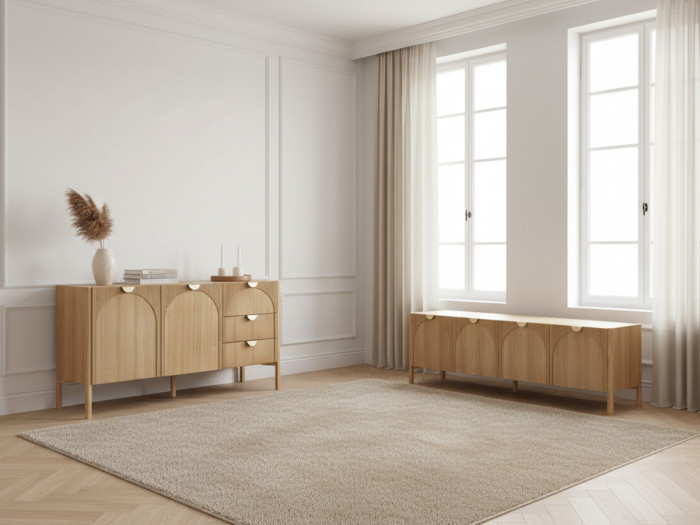Buffet 2 portes 3 tiroirs 135 cm LOLA motif arrondi et placage frêne massif