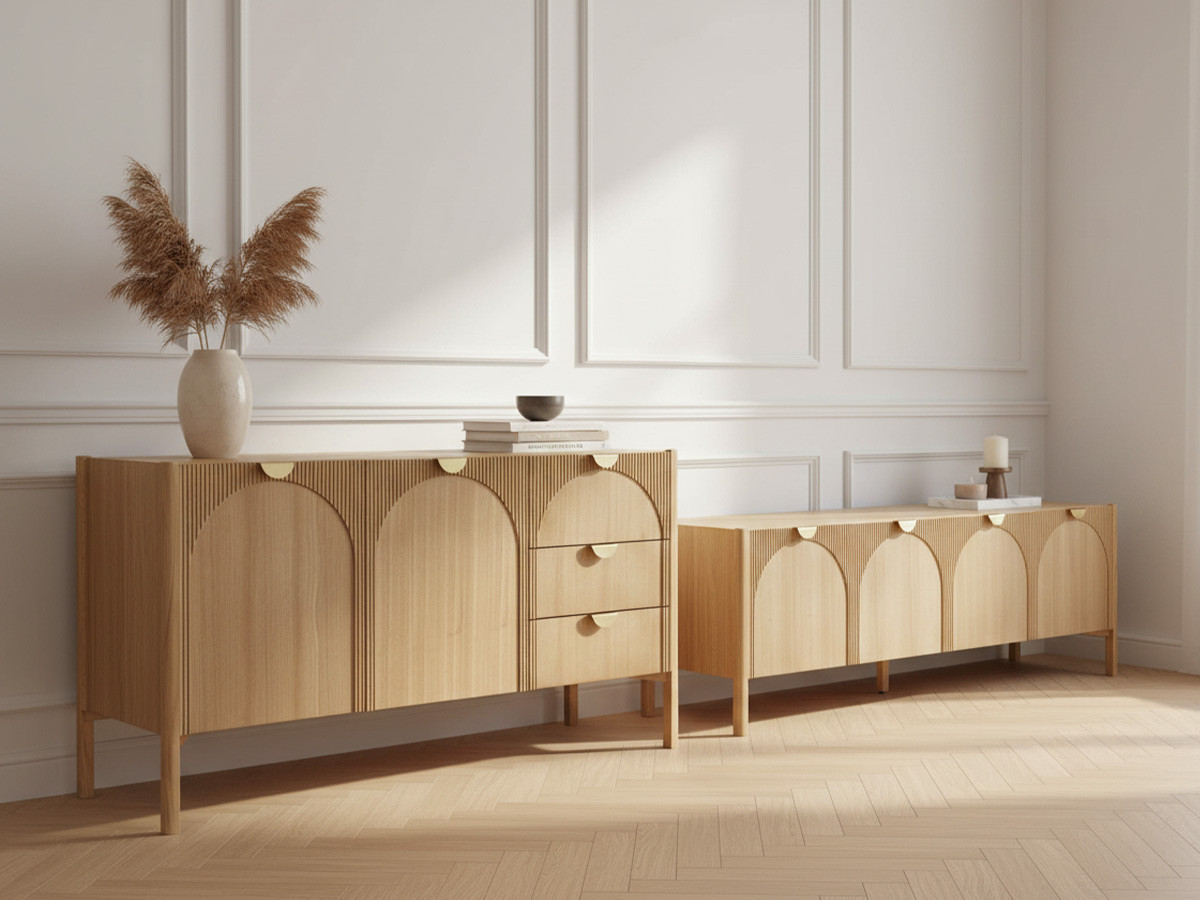 LOLA set met 135 cm dressoir + 178 cm tv-meubel met afgerond patroon en massief essenfineer