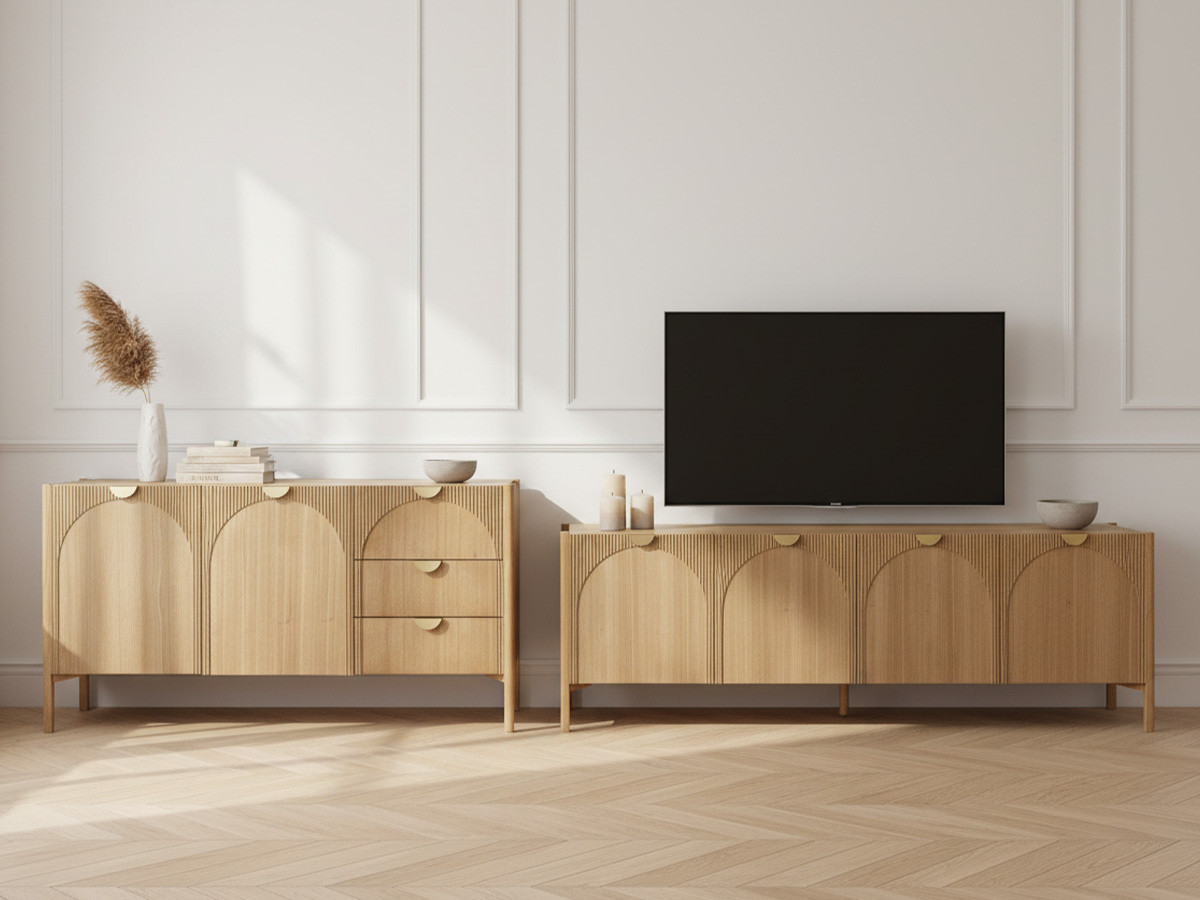 LOLA set met 135 cm dressoir + 178 cm tv-meubel met afgerond patroon en massief essenfineer