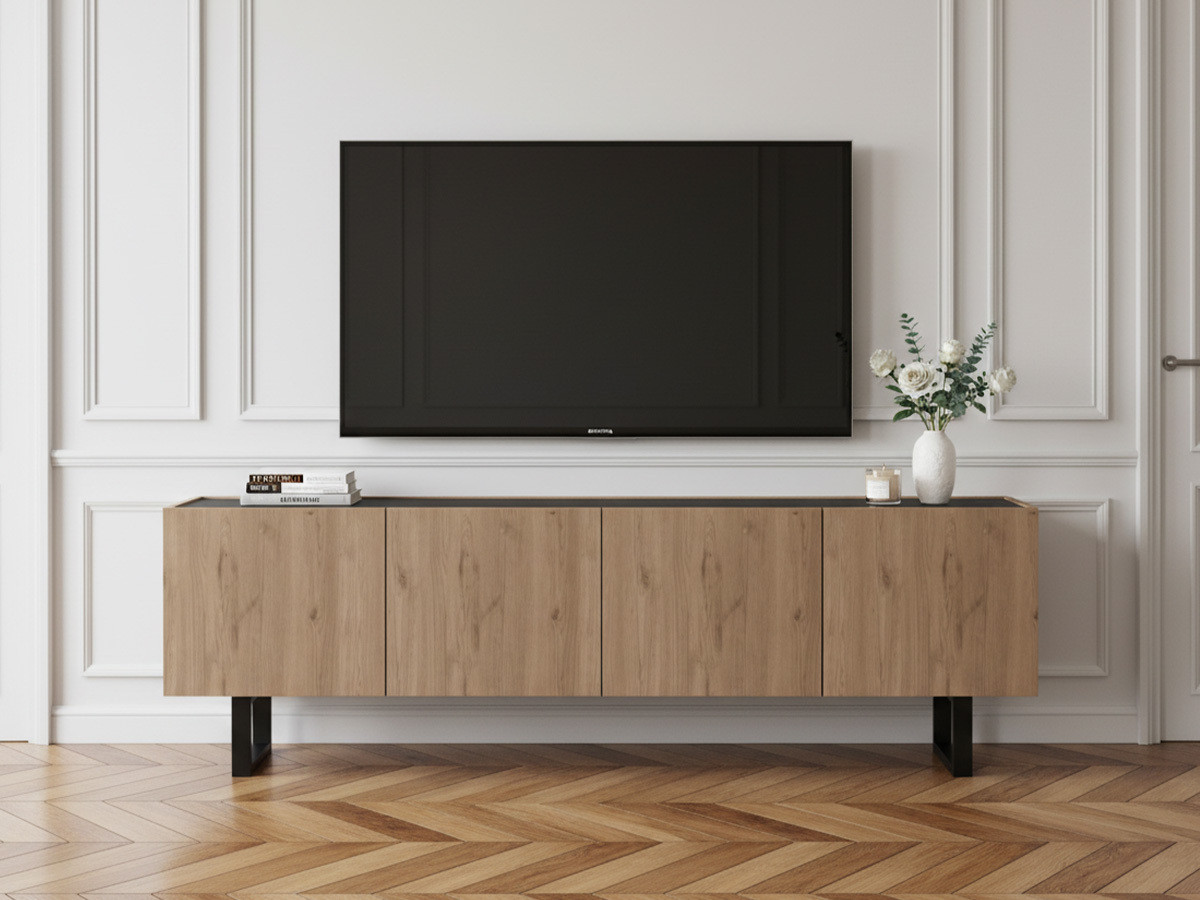 Meuble TV 180 cm OPERA effet chêne et effet marbre noir