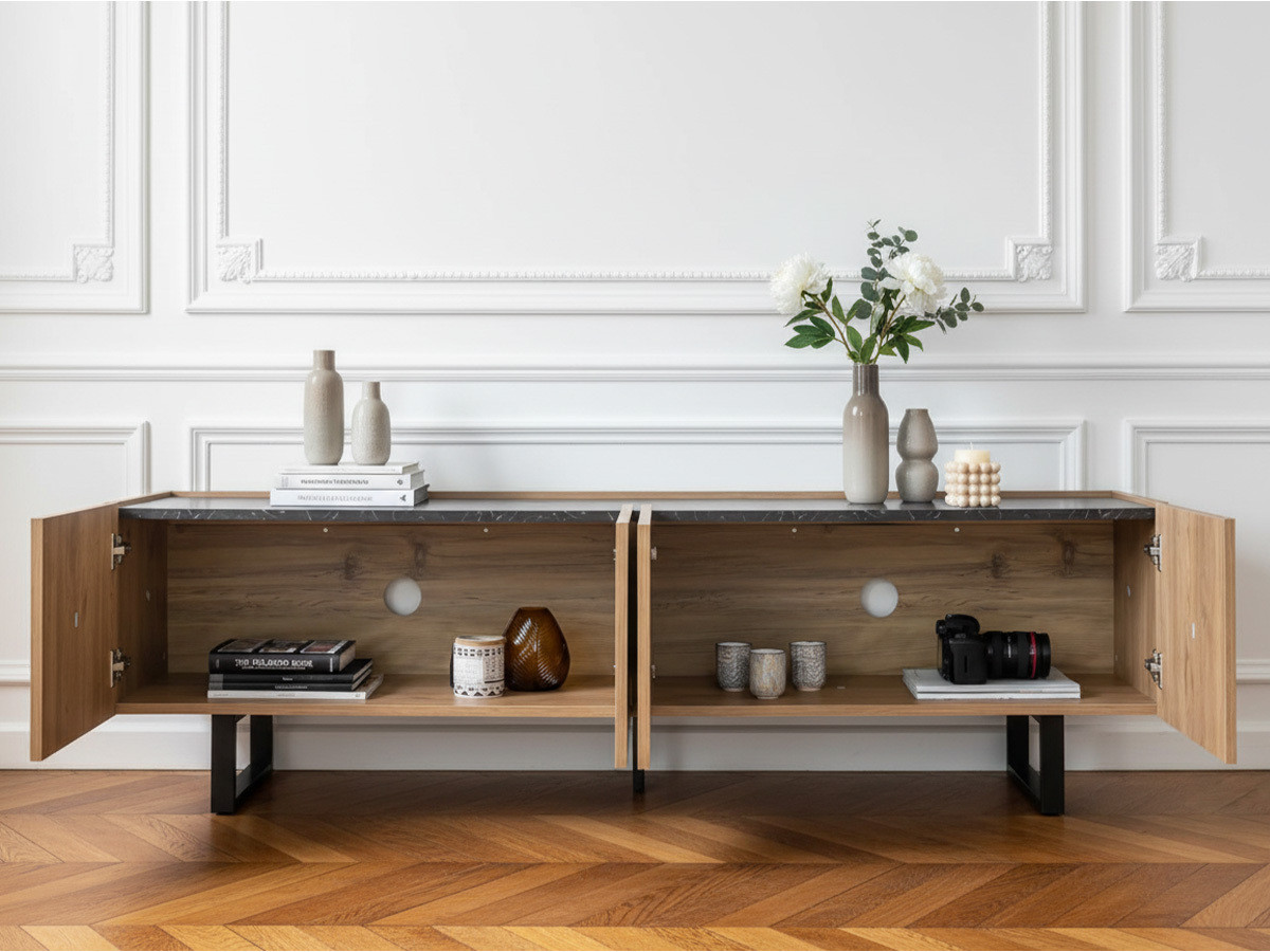 Meuble TV 180 cm OPERA effet chêne et effet marbre noir