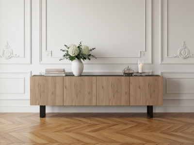 Meuble TV 180 cm OPERA effet chêne et effet marbre noir