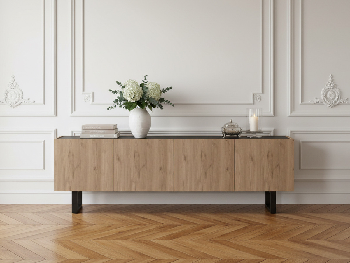 Meuble TV 180 cm OPERA effet Chêne et Marbre noir