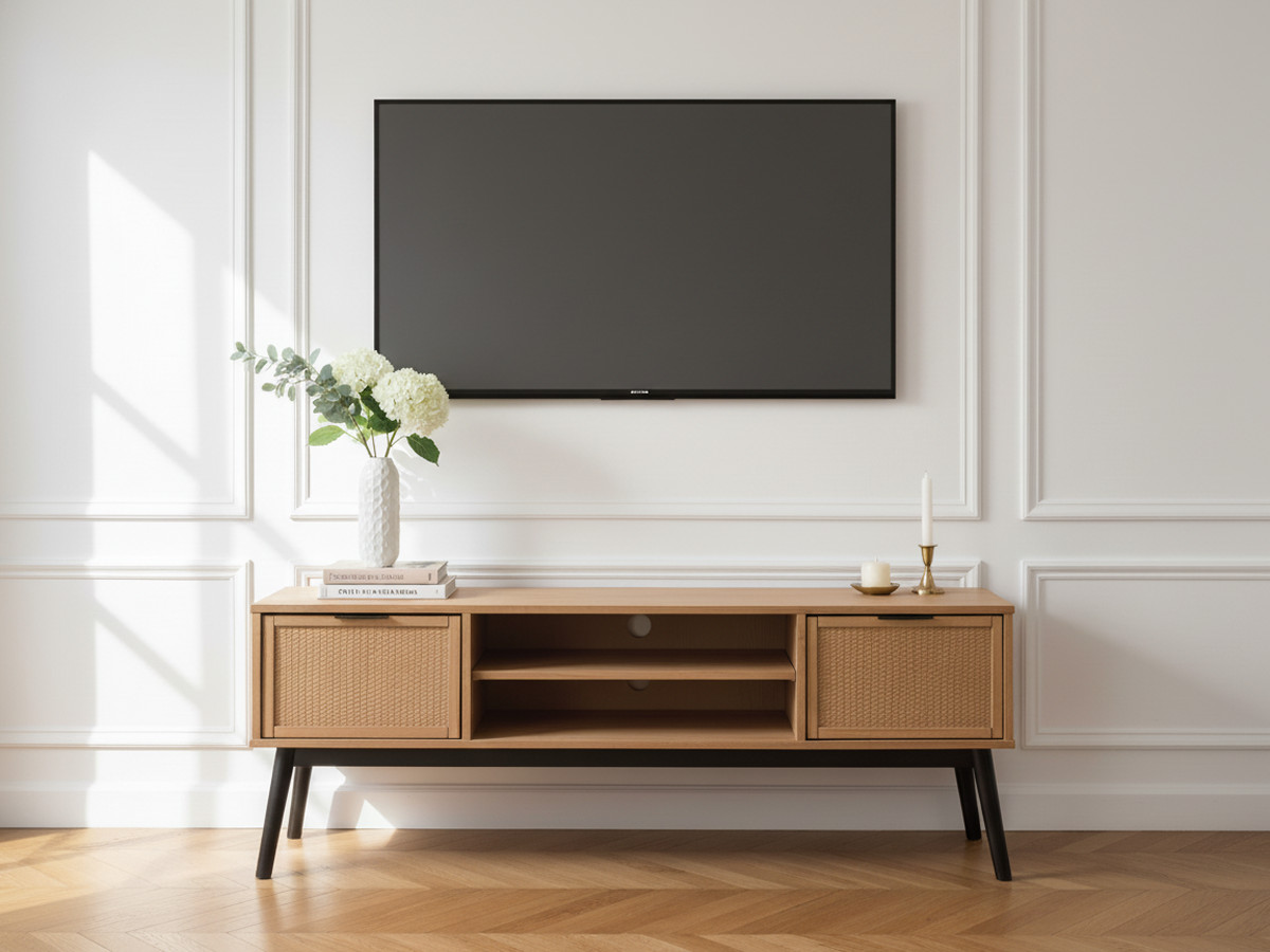 Meuble TV 140 cm ALBI bois massif et rotin