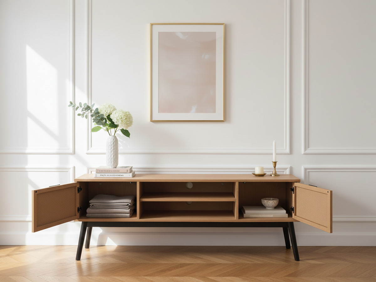 Meuble TV 140 cm ALBI bois massif et rotin — vue 5