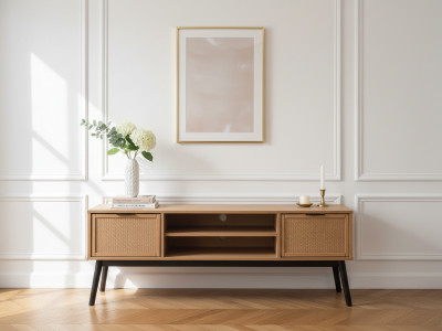 Meuble TV 140 cm ALBI bois massif et rotin