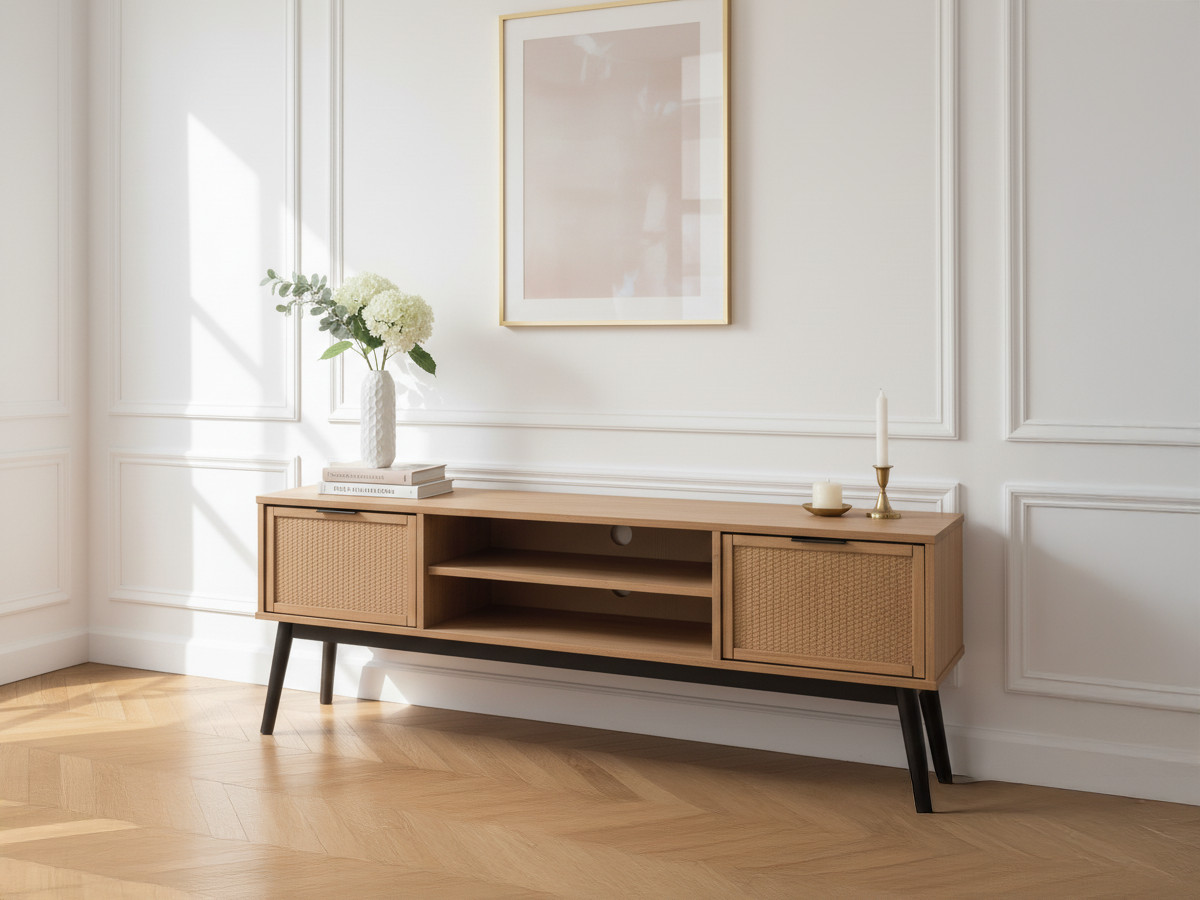 Meuble TV 140 cm ALBI bois massif et rotin