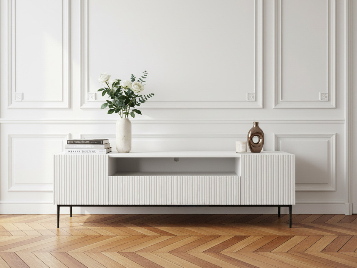 Meuble TV avec niche 200 cm KASHA Pieds noirs blanc