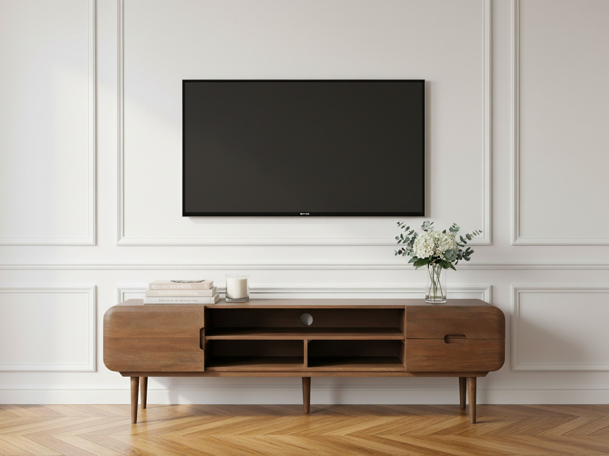 Meuble TV 1 porte 2 tiroirs 180 cm BRUNE bois massif de manguier