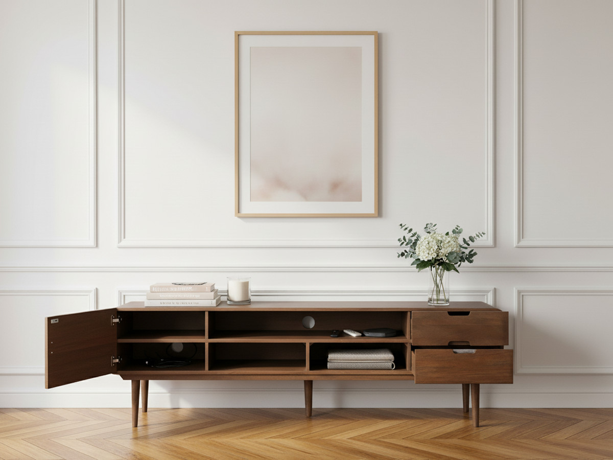 Meuble TV 1 porte 2 tiroirs 180 cm BRUNE bois massif de manguier — vue 5