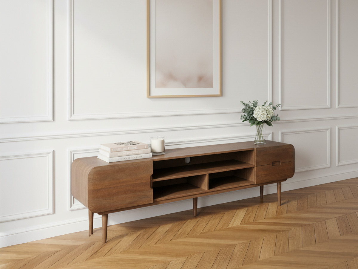 Meuble TV 1 porte 2 tiroirs 180 cm BRUNE bois massif de manguier — vue 6
