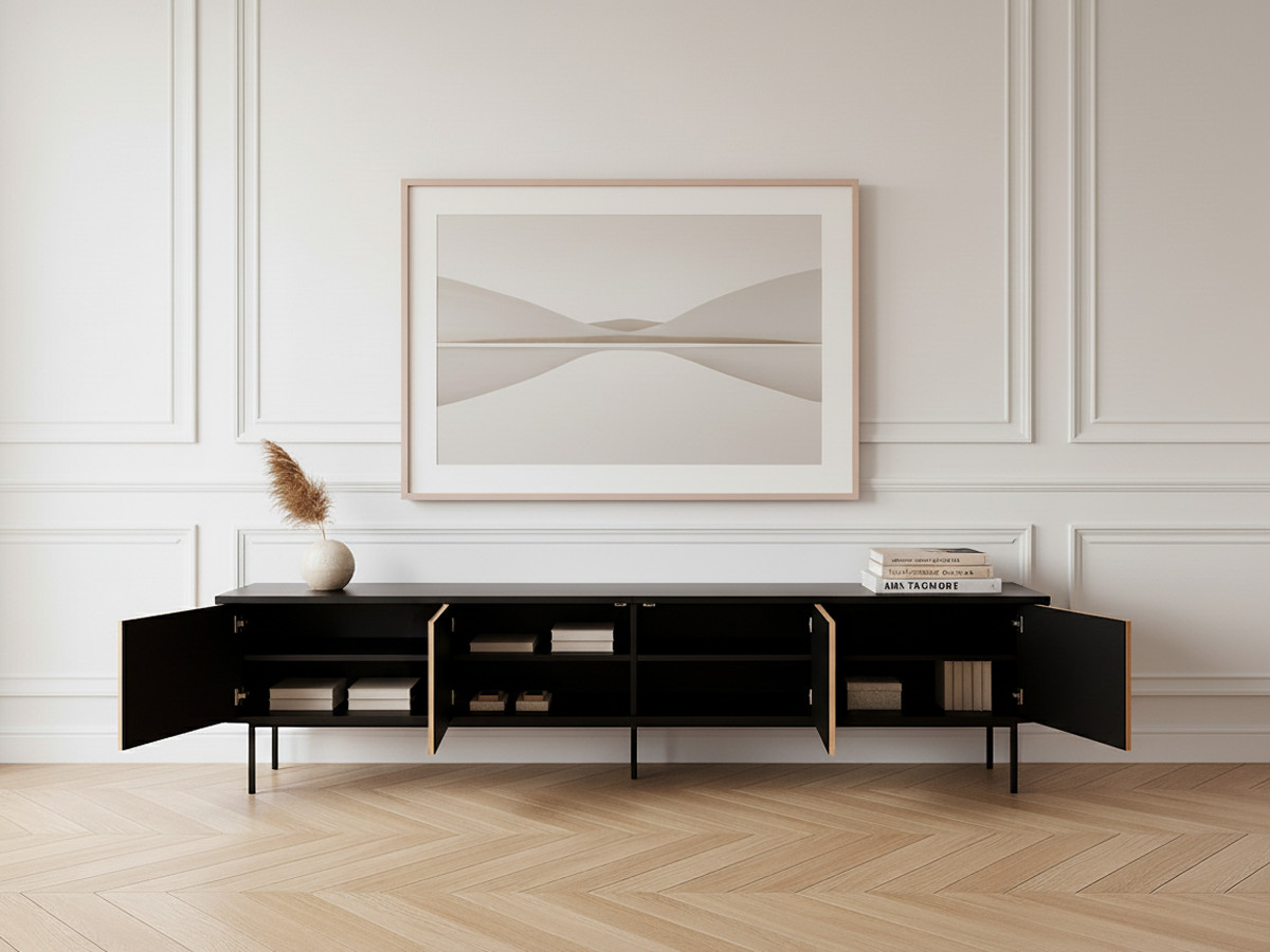 Meuble TV 5 portes 220 cm CORNEILLE tasseaux pin massif — vue 6