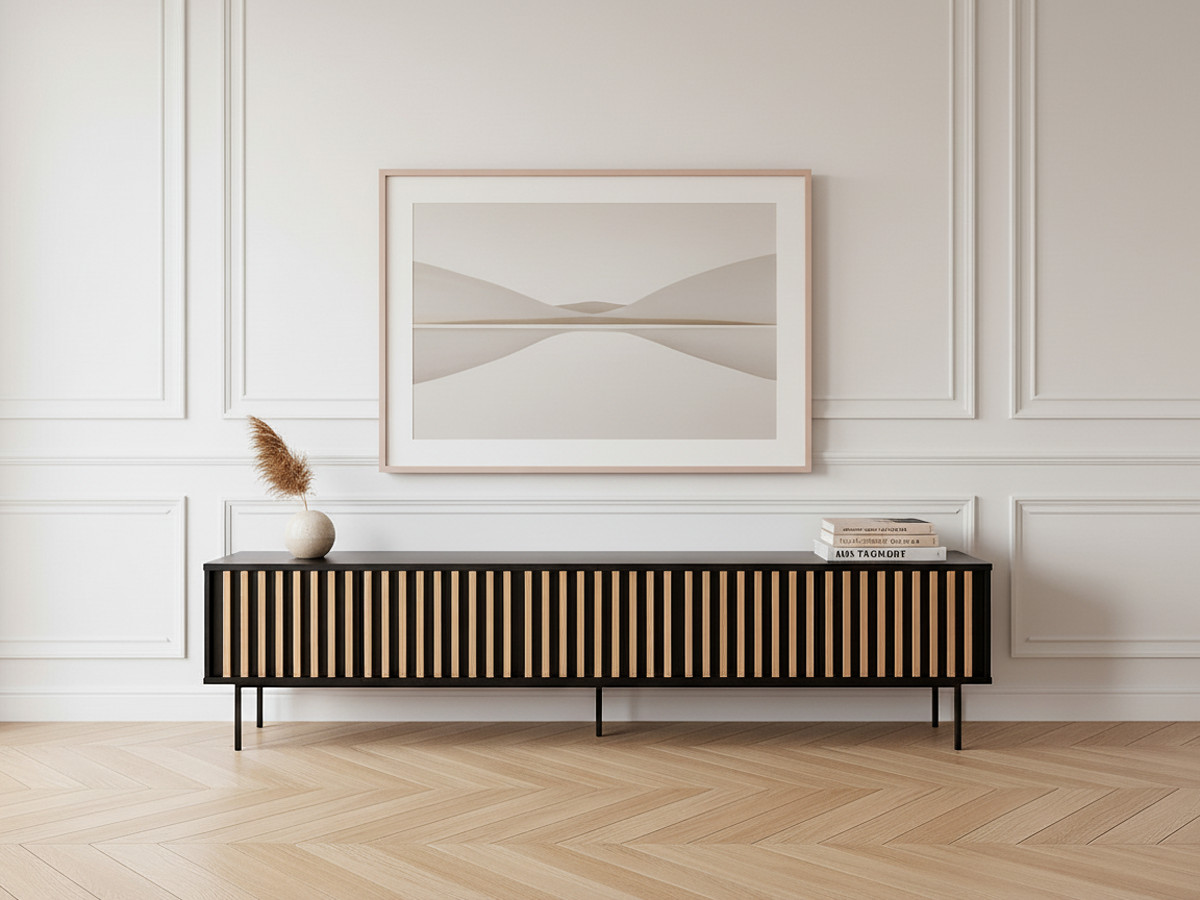 Meuble TV 5 portes 220 cm CORNEILLE tasseaux pin massif