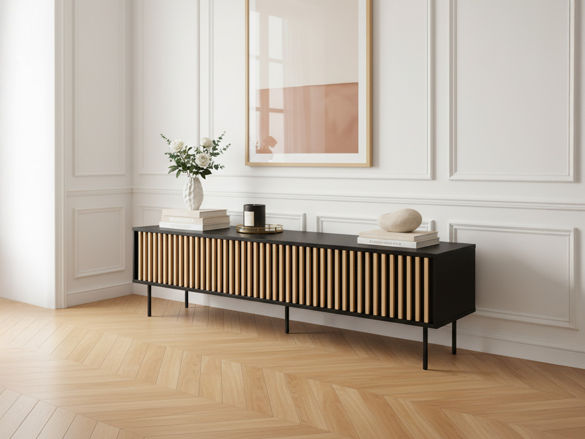 Meuble TV 5 portes 220 cm CORNEILLE tasseaux pin massif — vue 4