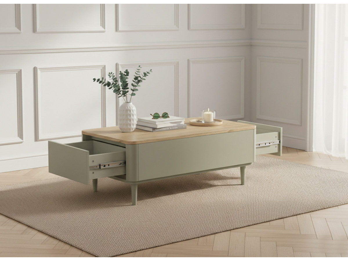Table basse avec tiroirs ANYRA pieds en bois massif vert — vue 6