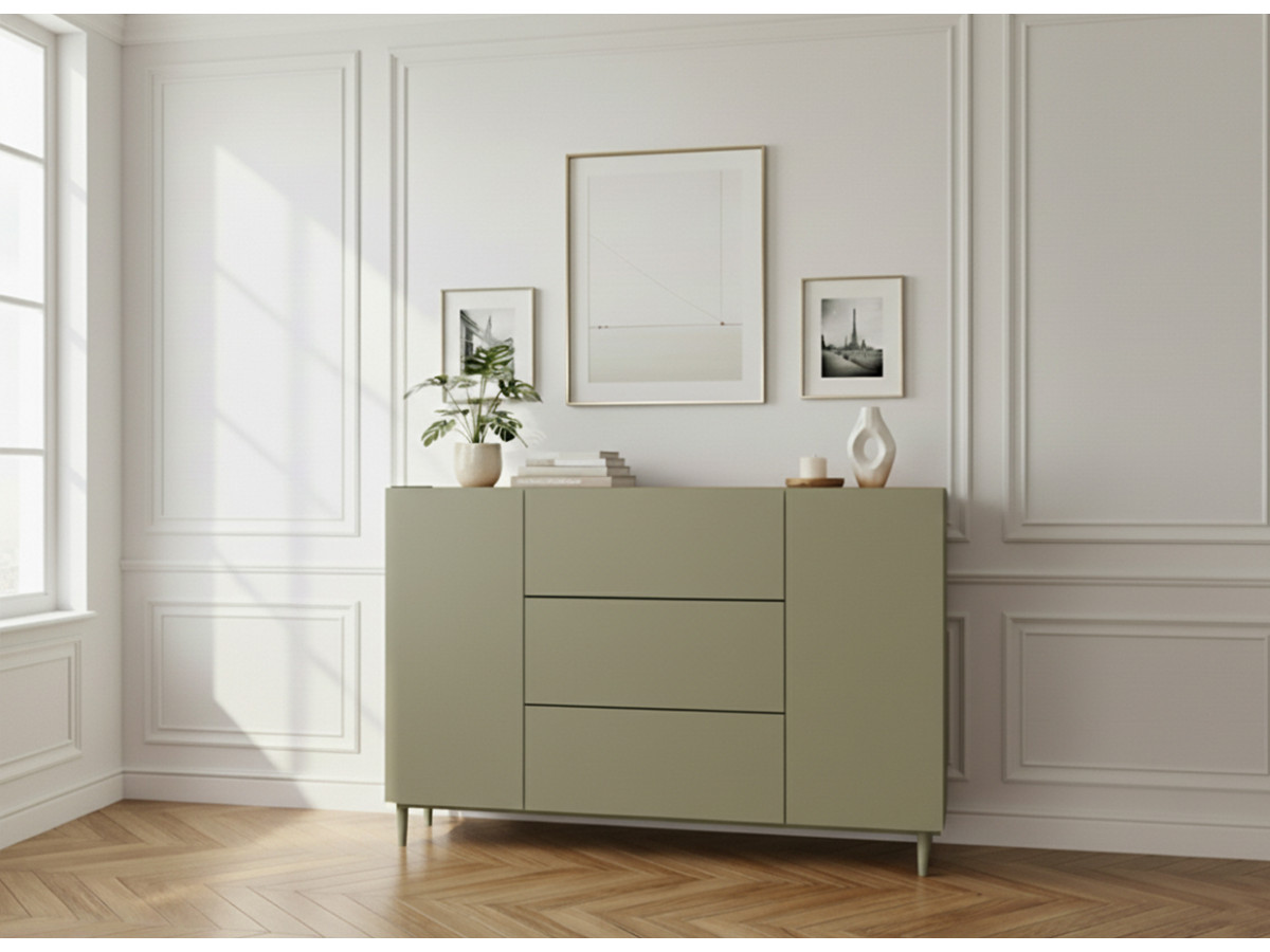 Buffet 2 portes 3 tiroirs 150 cm ANYRA pieds en bois massif vert — vue 4