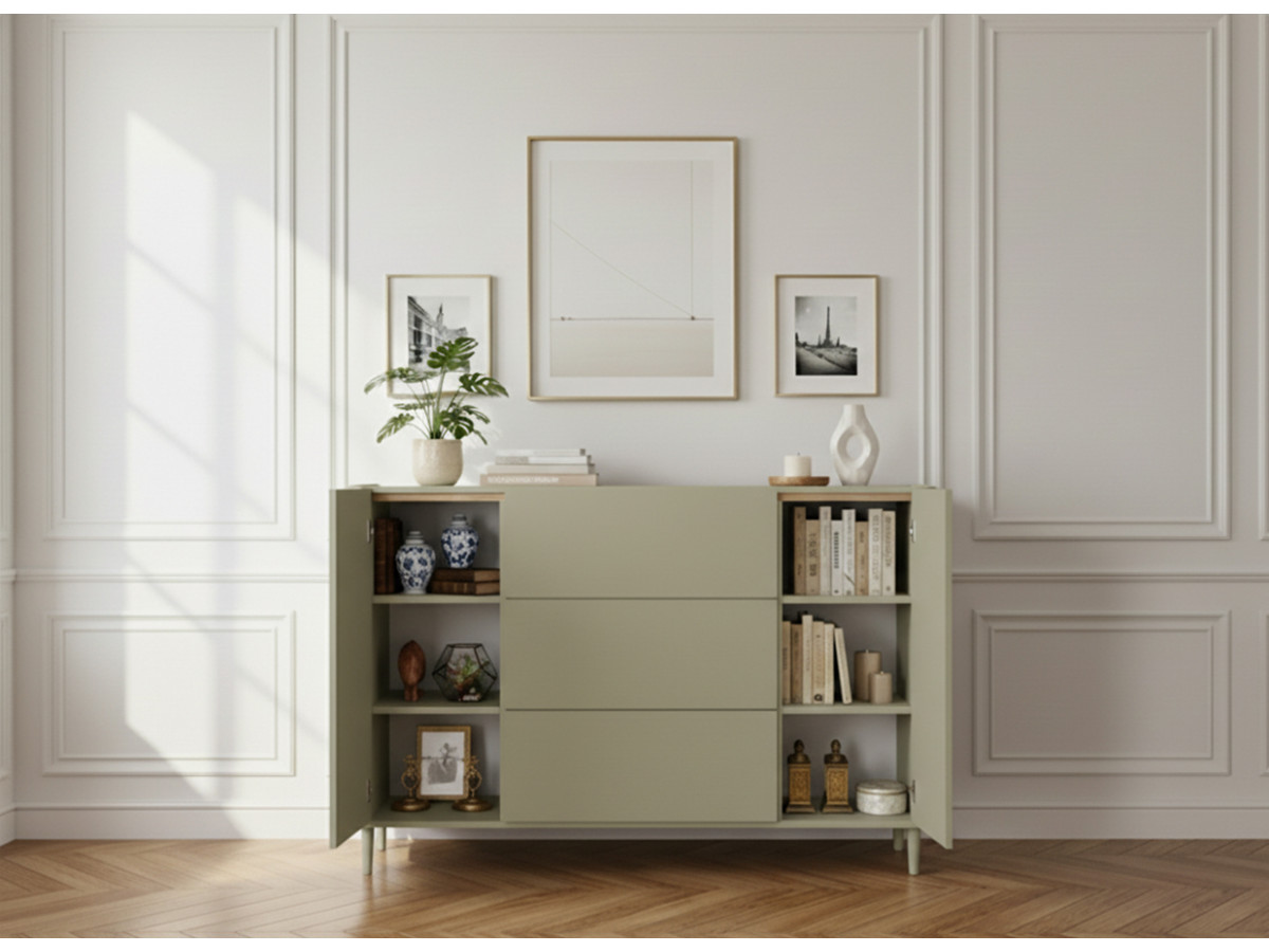 Buffet 2 portes 3 tiroirs 150 cm ANYRA pieds en bois massif