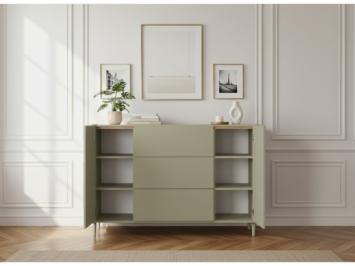 Buffet 2 portes 3 tiroirs 150 cm ANYRA pieds en bois massif vert — vue 5