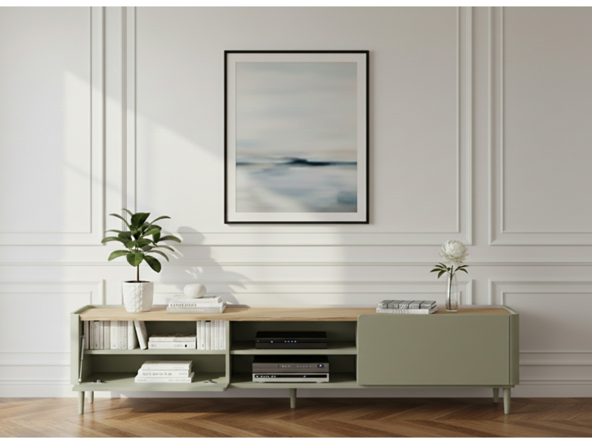 Meuble TV 1 porte 1 tiroir 220 cm ANYRA pieds en bois massif