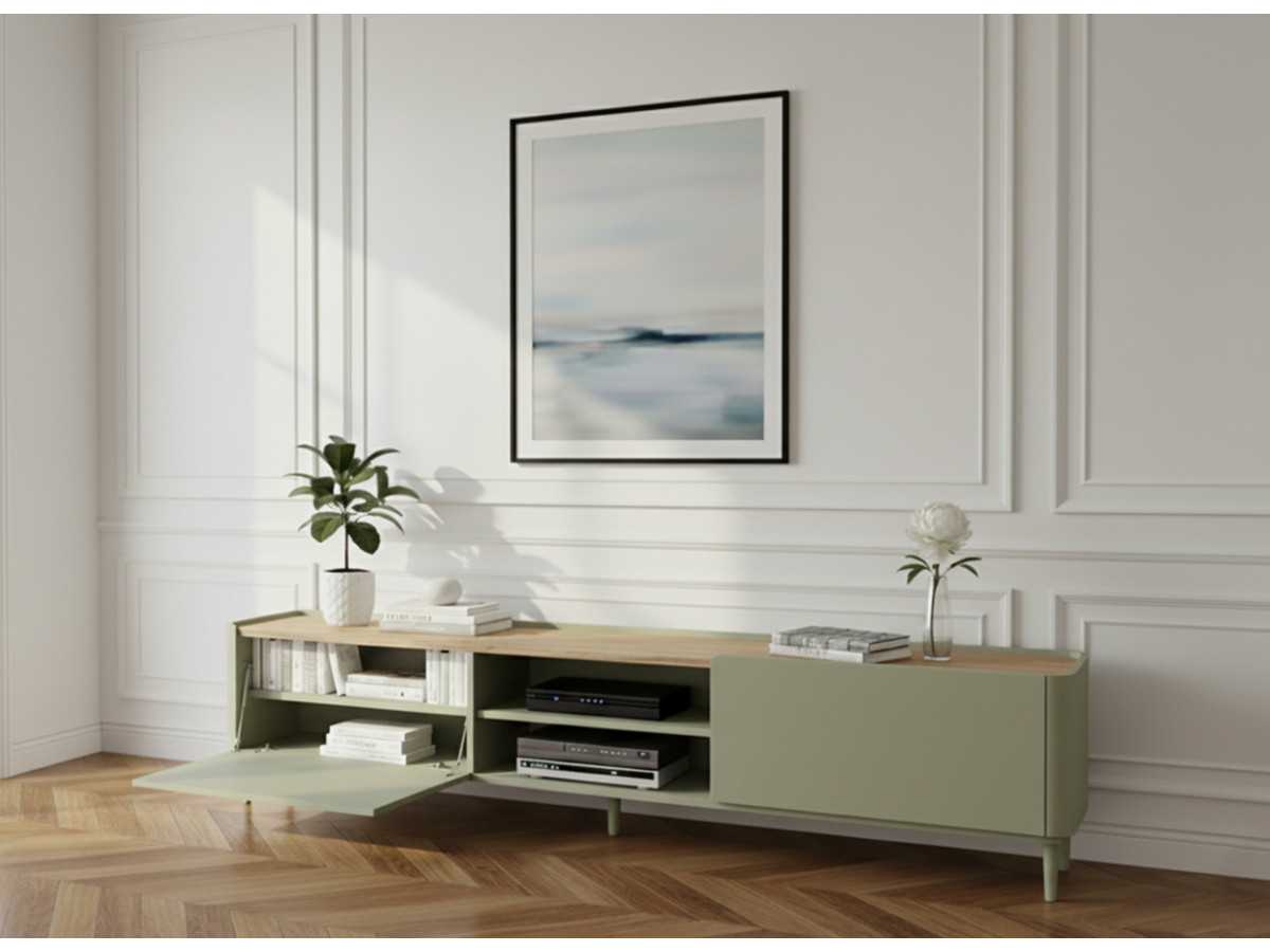 Meuble TV 1 porte 1 tiroir 220 cm ANYRA pieds en bois massif