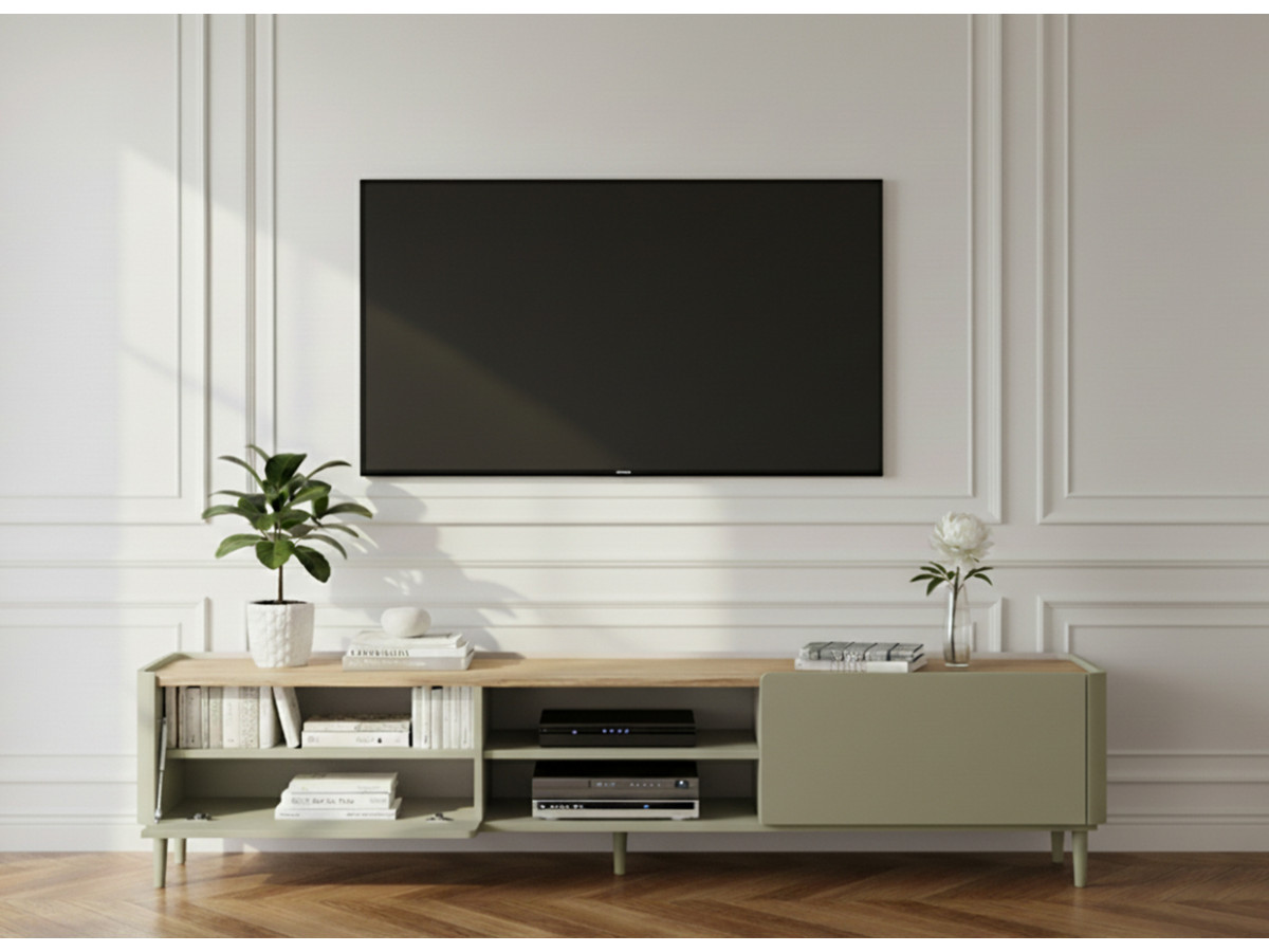 Meuble TV 1 porte 1 tiroir 220 cm ANYRA pieds en bois massif vert — vue 6