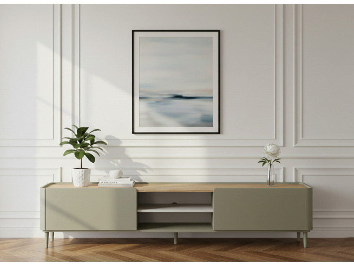 Meuble TV 1 porte 1 tiroir 220 cm ANYRA pieds en bois massif