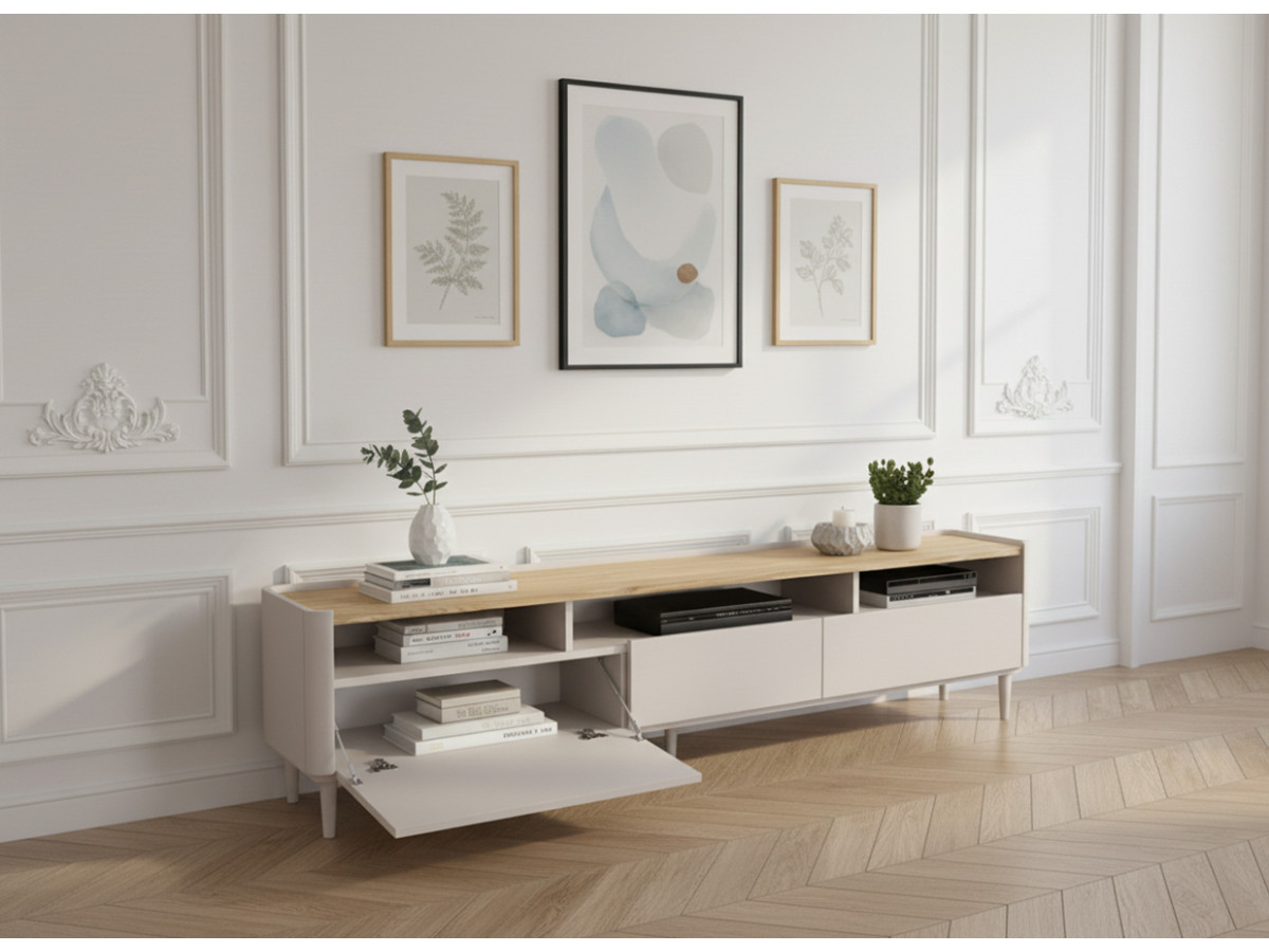 Meuble TV 1 porte 2 tiroirs 200 cm ANYRA pieds en bois massif beige — vue 5