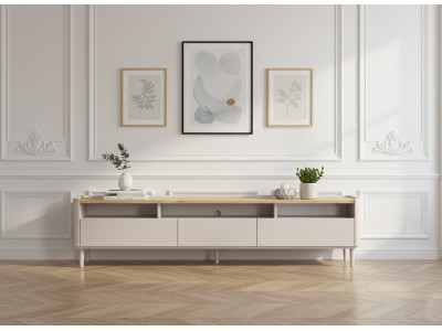 Meuble TV 1 porte 2 tiroirs 200 cm ANYRA pieds en bois massif