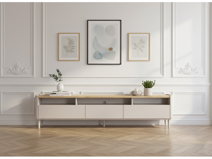 Meuble TV 1 porte 2 tiroirs 200 cm ANYA pieds en bois massif