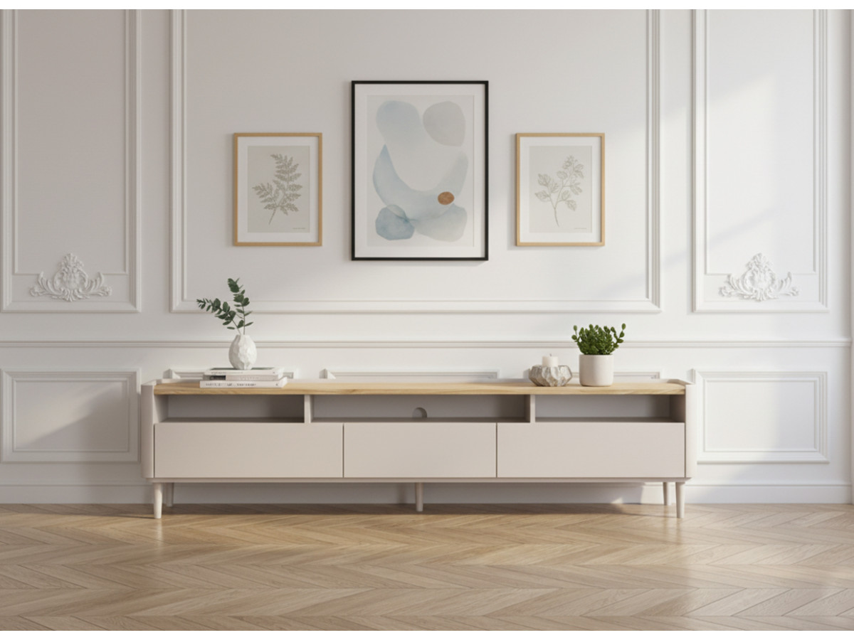 Meuble TV 1 porte 2 tiroirs 200 cm ANYA pieds en bois massif