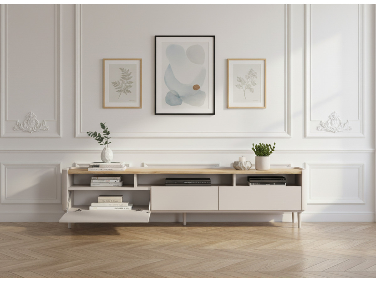 Meuble TV 1 porte 2 tiroirs 200 cm ANYRA pieds en bois massif beige — vue 6